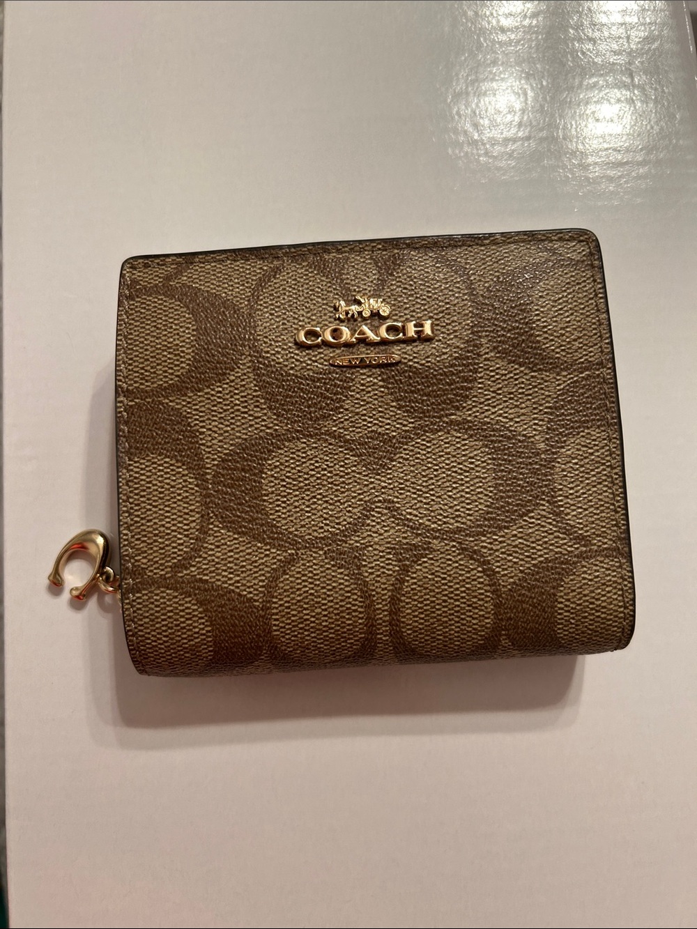 Coach Brown Signature Canvas Zip Card Wallet with Gold Logo